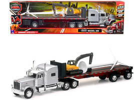 Peterbilt 389 Truck with Flatbed Trailer Silver Metallic with Excavator ... - $72.21