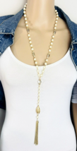 Beaded Faux Pearl Crystal Gold Tone Tassel Necklace - £11.06 GBP