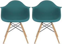 2xhome Plastic Arm Dining Chairs with Natural Wooden Legs, Teal, Set of 2 - £201.49 GBP
