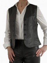 Waistcoat Button Jacket  VestCoat Classic Women Lambskin Leather Black Western - £84.43 GBP