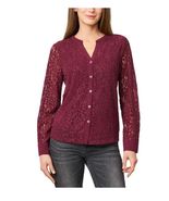 Cable &amp; Gauge Womens Blouse Dark Red Lace Button Down Long Sleeves Light... - $60.55 CAD