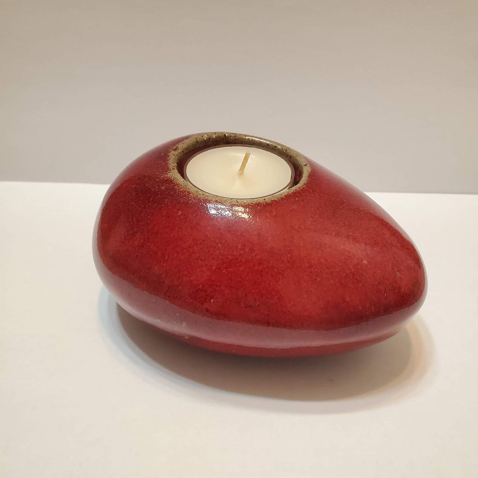 Red Stoneware Tealight Candle Holder, Made in Vietnam, Heavy Egg Shaped Pottery - $14.99