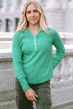 Green Trimmed Neckline Waffle Knit Henley Top - $27.88