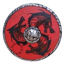 X-mas Medieval Round Viking Shield Unique Dragon Design Shield Wooden Gift - £84.35 GBP