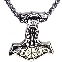 Norse Wolf Thors Hammer Necklace Stainless Steel Viking Vegvisir Mjolnir Pendant - $19.99