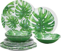 12-Piece Monstera Design Melamine Dinnerware Set, Service for 4 - $67.79
