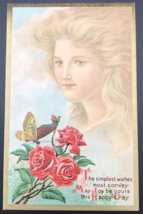 VTG CC Co Fantasy Lovely Lady Face in Clouds Butterfly &amp; Roses Embossed Postcard - £11.00 GBP