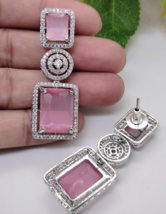 Indian 925 Silver Plated Bollywood Style CZ Earrings Pink Chandelier Jewelry Set - £67.22 GBP