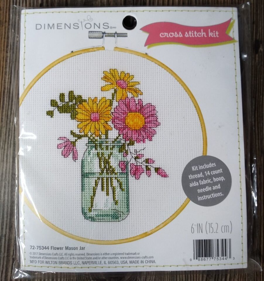 DIMENSIONS Counted Cross Stitch Kit Floral Mason Jar 6" Inch Round [72-75344] - $9.84