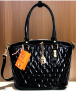 MARINO ORLANDI ITALY BLACK GLOSSY QUILT LEATHER SWAROVSKI SATCHEL BAGNWT! - $449.99