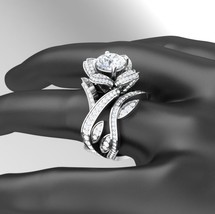 Lotus Wedding Ring Set 3.60Ct Round Cut Simulated Diamond 14K White Gold Size 9 - £245.22 GBP