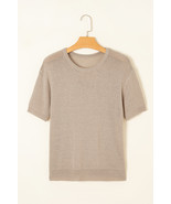 Beige Shiny Knitted Short Sleeve Drop Shoulder Sweater - $23.24 CAD