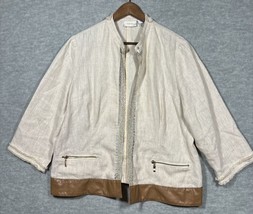 Chicos Women’s Jacket 100% Linen Beige Open Front Sz 2 L Faux Leather - $357.31 MXN