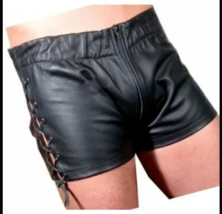Lace Up Black Short Lambskin Boxer Leather Sports Gym Shorts Genuine Men... - £77.71 GBP+