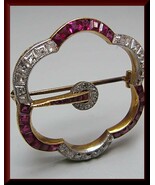 Antique Princess Red Ruby &amp; Diamond 18K Yellow Gold Over Brooch Pin 2.95Ct - $225.31 CAD