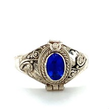 Vintage Signed Sterling Silver Ornate Poison Pill Box Blue Gemstone Ring 6 3/4 - £31.37 GBP