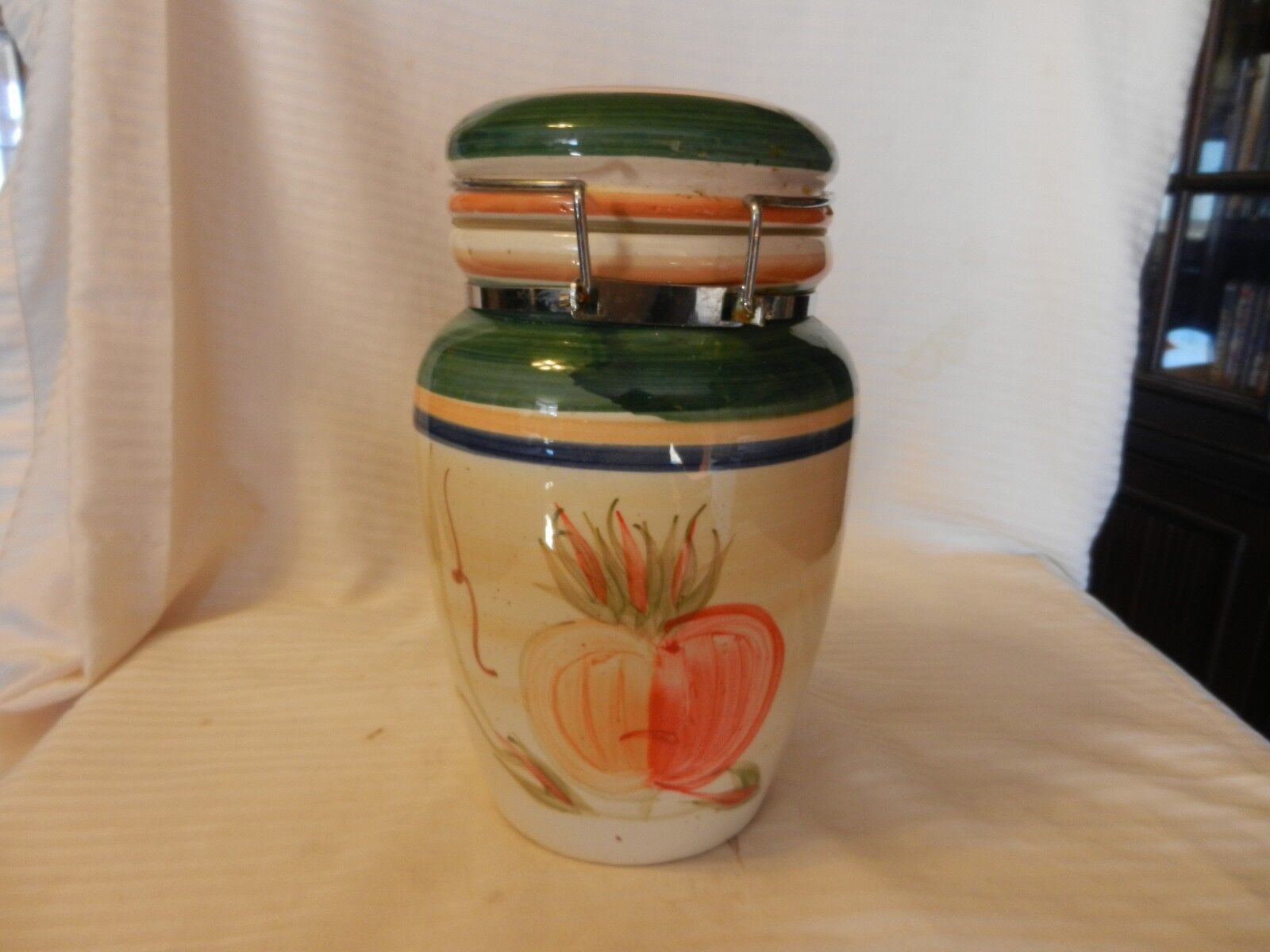 Cream, Blue & Green & Red Onion Hermetic Seal Ceramic Canister from Gibson 9.5" - $50.00