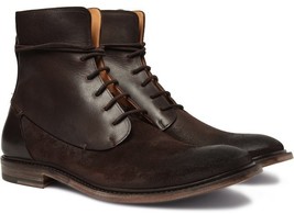 Burnished Toe Brown High Ankle Suede Leather Lace Up Stylish Handmade Men Boots - £128.97 GBP+