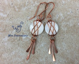 Mother of pearl earrings: criss cross copper wire wrapped with straight dangles - £23.09 GBP