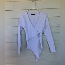 Abercrombie Fitch White Long Sleeve Ribbed Wrap Bodysuit Ring Deep V Swe... - $10.40