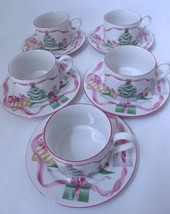 Lot/5 Vintage Sango Home for Christmas Cups &amp; Flat Saucers Tree Pink Hearts 12pc - £17.57 GBP