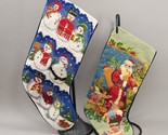 Pair Vintage Needlepoint Christmas Stockings Wool Velvet Cotton Snowman ... - $93.99