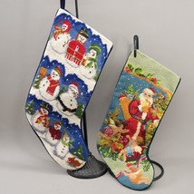 Pair Vintage Needlepoint Christmas Stockings Wool Velvet Cotton Snowman + Santa - £74.48 GBP