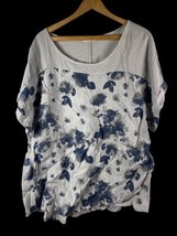 Lungo L&#39;arno Top Size 1X Womens Linen Gray Blue Floral Short Sleeve Lagenlook - £43.72 GBP
