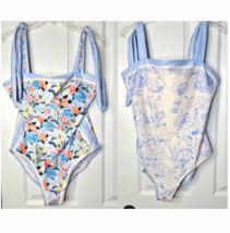 Womens Reversible Tie Shoulder Floral One Piece Swimsuit 2XL Blue Toile ... - $29.10