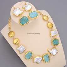 GG Jewelry Natural Freshwater White Baroque Pearl Green Nugget Amazonite Gold Pl - £75.76 GBP