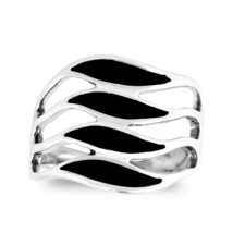 Amazing Waves of Color Simulated Black Onyx Inlay Sterling Silver Ring-7 - £17.68 GBP