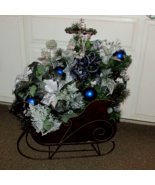 metal brown SLEIGH w/green pine, white-silver poinsettias berries foliag... - $62.50