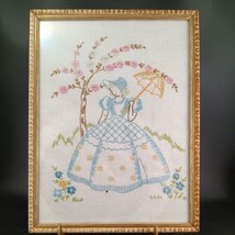 Vintage 1940&#39;s (?) Cross Stitch on Linen Woman Girl Hanging Laundry Need... - £19.53 GBP