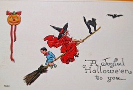Halloween Postcard Fantasy Red Dress Witch Black Cat Vampire Bat Bergman 7035 - £28.79 GBP