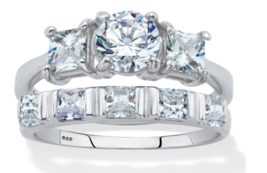 Round Princess Cut Cz Bridal 2 Ring Set Platinum Sterling Silver 6 7 8 9 10 - £159.83 GBP