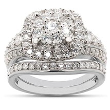 1.25CT Moissanite Double Halo Bridal Set Wedding Ring White Gold Plated Silver - £98.24 GBP
