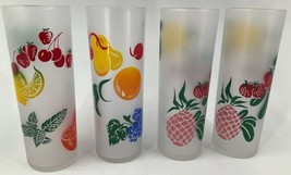  Vtg Set of 4 Federal Glass Zombie Tom Collins Frosted Glass Multicolor Fruit  - £31.53 GBP
