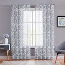 Fmfunctex Damask Grey White Sheer Curtains 95&quot; Long Floral Print Curtain Panel - £33.80 GBP