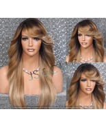 Unique Color Human Hair blend Ombre Brown Auburn Blonde Wig Wavy Sides a... - £80.56 GBP