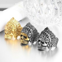 Indian Chief Head Skull Ring Stainless Steel Biker Men Jewelry Gold Silver Color - £12.17 GBP