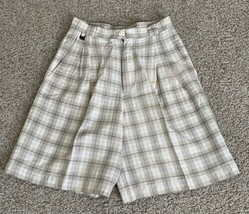 Vintage Izod Lacoste Women&#39;s Tan White Blue Plaid Hip Shorts European Size 40. - £15.92 GBP