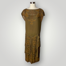 Vintage 1920s Beaded Handmade Flapper Dress Brown Floral Earth Tones M F - £171.24 GBP