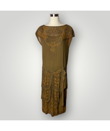 Vintage 1920s Beaded Handmade Flapper Dress Brown Floral Earth Tones M F - £171.18 GBP