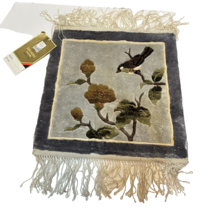 Vintage Shanghai Silk Rug Sample Handmade Bird On Branch Fringed 12 x 13&quot; - £46.37 GBP