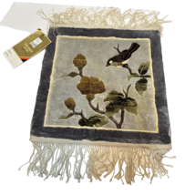 Vintage Shanghai Silk Rug Sample Handmade Bird On Branch Fringed 12 x 13&quot; - $59.18