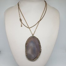 Smoky Gray Agate Slice Stone Pendant Gold Tone Chain Fashion Necklace - £14.98 GBP