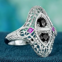 Natural Onyx and Ruby Art Deco Style Filigree Ring in Solid 9K White Gold - £557.53 GBP