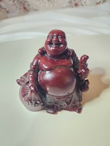 Vintage Chinese Laughing Buddha Statue Red Resin Heavy 3.5”Tall Feng Shui Wealth - $14.85