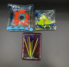 Fused Art Glass Coaster &amp; Trinket Bowls Iris Flowers Abstract &amp; Golf Flag LOT 3 - £24.92 GBP