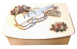 Vintage Pink Pearl Jewelry Box White Violin &amp; Flowers Hand-Painted With ... - $34.04